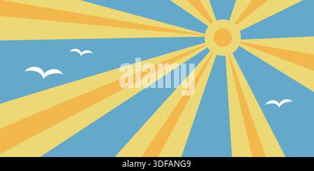 Abstract vintage sun and sea background with yellow rays on blue sky and flying birds. Retro groovy vector perfect for beach posters, summer prints Stock Vector