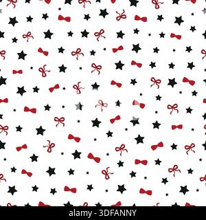 Red ribbons black stars with white background. Seamless fabric design pattern Stock Vector