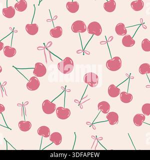 Pink cherries with ribbons seamless fabric design pattern Stock Vector