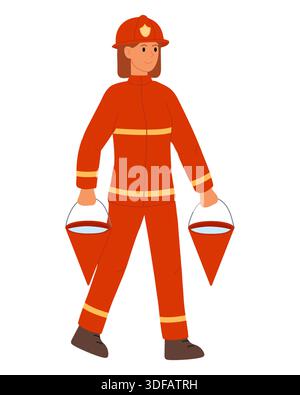 Female firefighter in overalls carries two triangular buckets of water. Firefighting. Heroic profession of rescuers Stock Vector