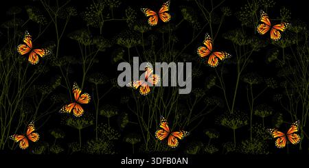 Seamless grass dill with butterflies on a dark background. Hand drawing. Not AI, Vector illustration Stock Vector