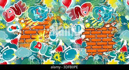 Abstract seamless chaotic pattern with line hearts and a brick wall. Graffiti love heart background. hand drawing. Not AI, Vector illustration Stock Vector