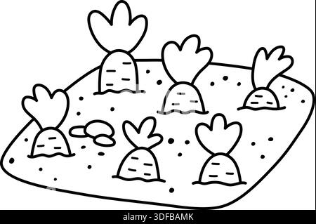 Nursery or seed bed line icon with carrots. Vector garden, farm or Easter village sprouted plants isolated on white background. Black and white spring Stock Vector