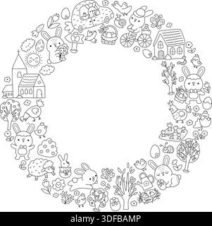 Vector Easter round border frame with bunny, chick, egg. Black and white card template design for banners, invitations. Black and white spring holiday Stock Vector