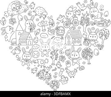 Vector Easter heart shaped frame with traditional symbols, bunny, chick, colored egg. Black and white card template design for banners, invitations. L Stock Vector