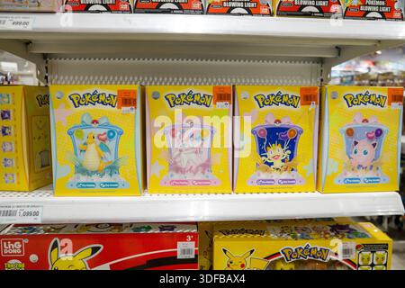 Pokemon themed gift and display boxes on sale in a Philippine toy store, highlighting licensed products, colourful packaging and global retail demand. Stock Photo