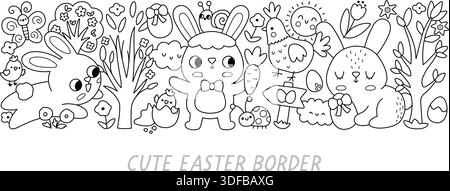 Vector Easter horizontal border set with traditional characters. Black and white card template design for banners, invitations. Cute spring holiday li Stock Vector