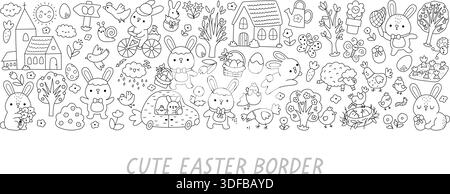 Vector Easter horizontal line border set with bunny, chick, colored egg. Card template design for banners, invitations. Black and white spring holiday Stock Vector