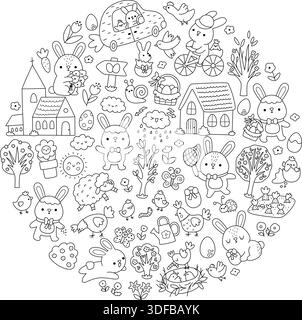 Vector Easter line round frame with traditional symbols, bunny, chick, colored egg. Black and white card template design for banners, invitations. Cut Stock Vector