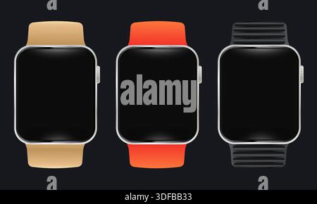 realistic vector illustration of generic smartwatches with blank screens with straps isolated on dark background wearable technology concept interface Stock Vector