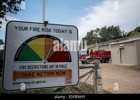 Victoria, Australia. 10th Jan, 2026. The fire risk rating chart outside the CFA in the bushfire-affected town of Ruffy is set to Extreme, one day after flames tore through the area, leaving little still standing. Credit: SOPA Images Limited/Ģ����ý Live News Stock Photo