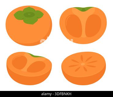 Flat cartoon persimmon set. Whole fruit and cut cross section. Isolated vector clip art illustration. Stock Vector
