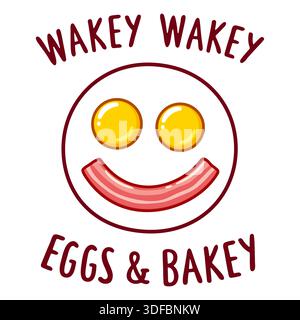 Wakey wakey, eggs and bakey. Funny morning breakfast illustration, smiling fried eggs and bacon. Cartoon vector clip art. Stock Vector