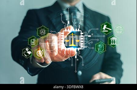 Businessman touching virtual AI law interface with scales of justice, gavel and compliance icons. Concept of legal technology, regulation, governance, Stock Photo