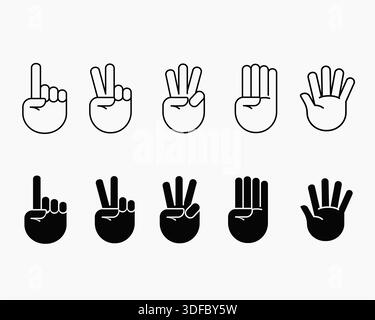 Hand Counting Gestures from One to Five Icons Set In Outline and silhouette Style Stroke Editable Vector Illustration Stock Vector