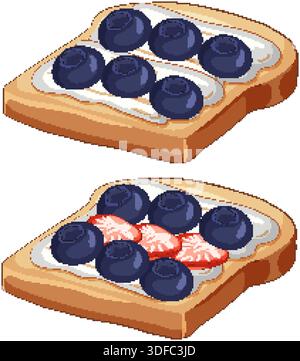 Two slices of toasted bread topped with white cream cheese, blueberries, and sliced strawberries Stock Vector