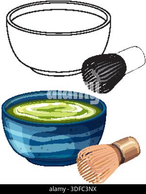Vector illustration of a matcha tea bowl and bamboo whisk in colored and outline styles Stock Vector