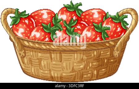 Vector illustration of ripe red strawberries in a woven wicker basket on white background Stock Vector