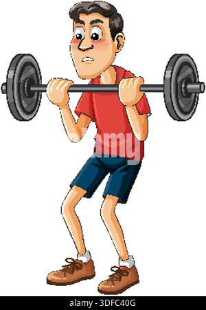 Vector illustration of nervous man lifting barbell, cartoon style, clean lines, white background Stock Vector
