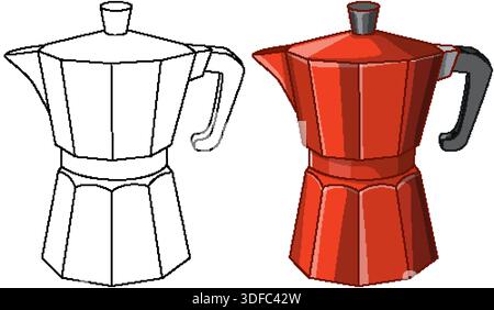 A red stovetop espresso maker and its black and white outline on white background Stock Vector