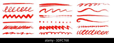 Red underline brush strokes and pencil marks emphasis element set. Textured chalk pencil marks, crayon scribbles, red color lines. Crayon texture brush stroke highlight shapes. Vector illustration Stock Vector