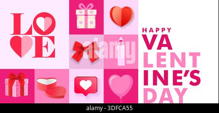 Happy Valentines Day greeting card art design with Holiday elements. Be my Valentine art concept with love symbols for Valentine's Day Stock Vector
