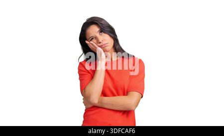 Young woman feeling bored and tired with transparent background Stock Photo