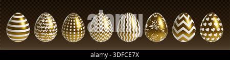 Golden Easter eggs set isolated on transparent. Vector realistic illustration of gold holiday shape with creative white stripe, dot, heart, splash pattern on eggshell, greeting card design elements Stock Vector