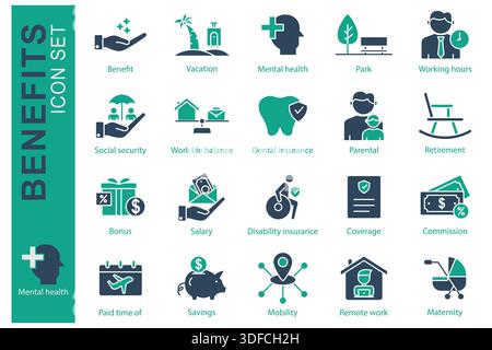Benefits icon set. Solid icon style. Containing icon savings, commission, mental health and more. Benefit element vector illustration Stock Vector