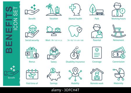 Benefits icon set. Line icon style. Containing icon savings, commission, mental health and more. Benefit element vector illustration Stock Vector