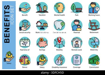 Benefits icon set. Colored outline icon style. Containing icon savings, commission, mental health and more. Benefit element vector illustration Stock Vector