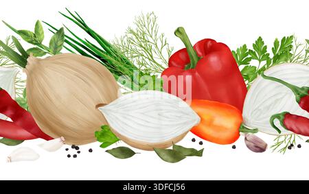 Onions and bell peppers, hot pepper pods, bay leaves, and parsley sprigs. Watercolor illustration. Green onions and garlic. Vegetables and kitchen her Stock Photo