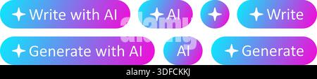 AI star button. Write, generate with AI stamp. Artificial intelligence symbol. Gradient blue purple digital AI robot sign. Magic star smart assistant Stock Vector
