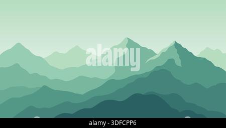 A beautiful minimalist vector illustration featuring layered mountain ranges in a monochrome palette of teal, mint green, and gray. Stock Vector