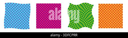 Set of checkered distorted grid. Abstract colorful shapes with tweak deformation Stock Vector