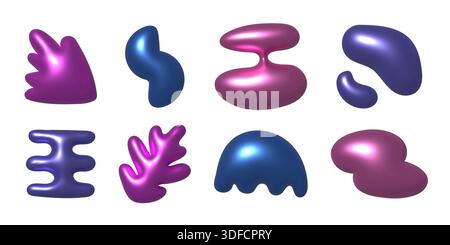 3d metallic doodle vector shapes. Trendy render chrome decoration elements Stock Vector