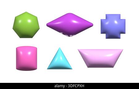 Trendy 3d inflated shapes collection. Plastic render effect vector doodle form set. Stock Vector