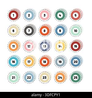 Number bullet points retro style 1 to 25 Stock Vector