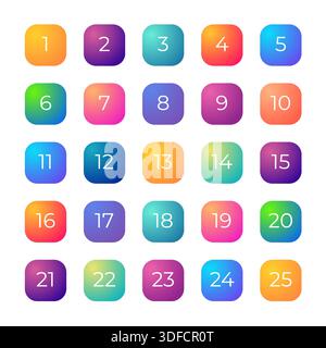 Number bullet points 1 to 25. Trendy gradient 3d markers vector collection Stock Vector