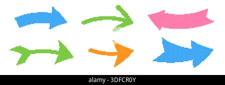 Pixel arrow set. Colorful collection of dotted cursor. Different marks and pointers Stock Vector