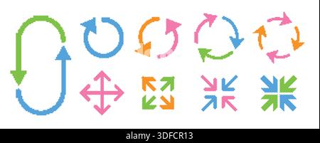Pixelated arrows collection. Colorful square dots arrow set Stock Vector