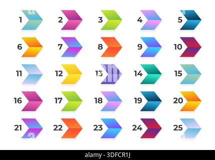 3d arrow number bullet points from 1 to 25. Stock Vector