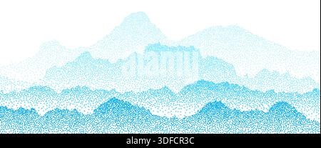 Blue grain stippled mountains. Dotted landscape and terrain. Grainy hills Stock Vector