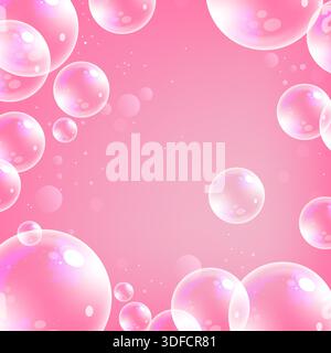 Abstract pink bubbles background. Transparent realistic soap bubble Stock Vector