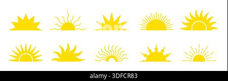 Yellow half sun icon vector set. Sunrise or sunset Stock Vector
