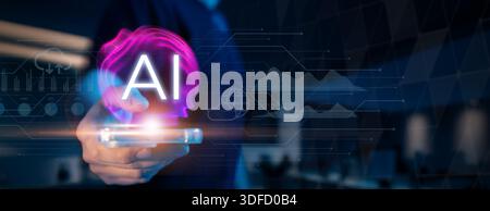 A person holds a smartphone featuring AI-powered fingerprint technology. Illustrates the integration of artificial intelligence in mobile security and Stock Photo