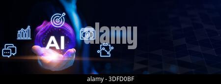 Businessman holds a glowing AI hologram sphere symbolizing artificial intelligence in finance and business. Concept of digital transformation, innovat Stock Photo