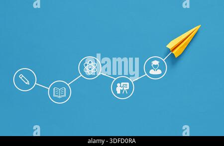 Yellow paper plane following education path from writing to science, teaching and graduation, achieving educational goals concept Stock Photo