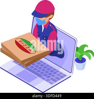 online food order and package delivery service. fast food shipping. isometric courier in mask pandemic quarantine protection covid-19 with pizza. deli Stock Vector
