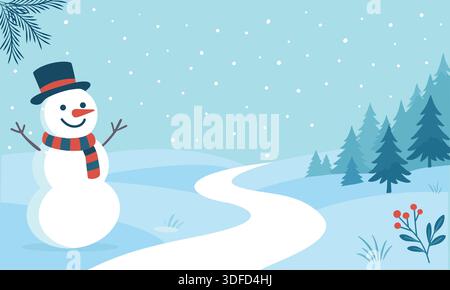Snowman in Winter Landscape with Falling Snow Stock Vector